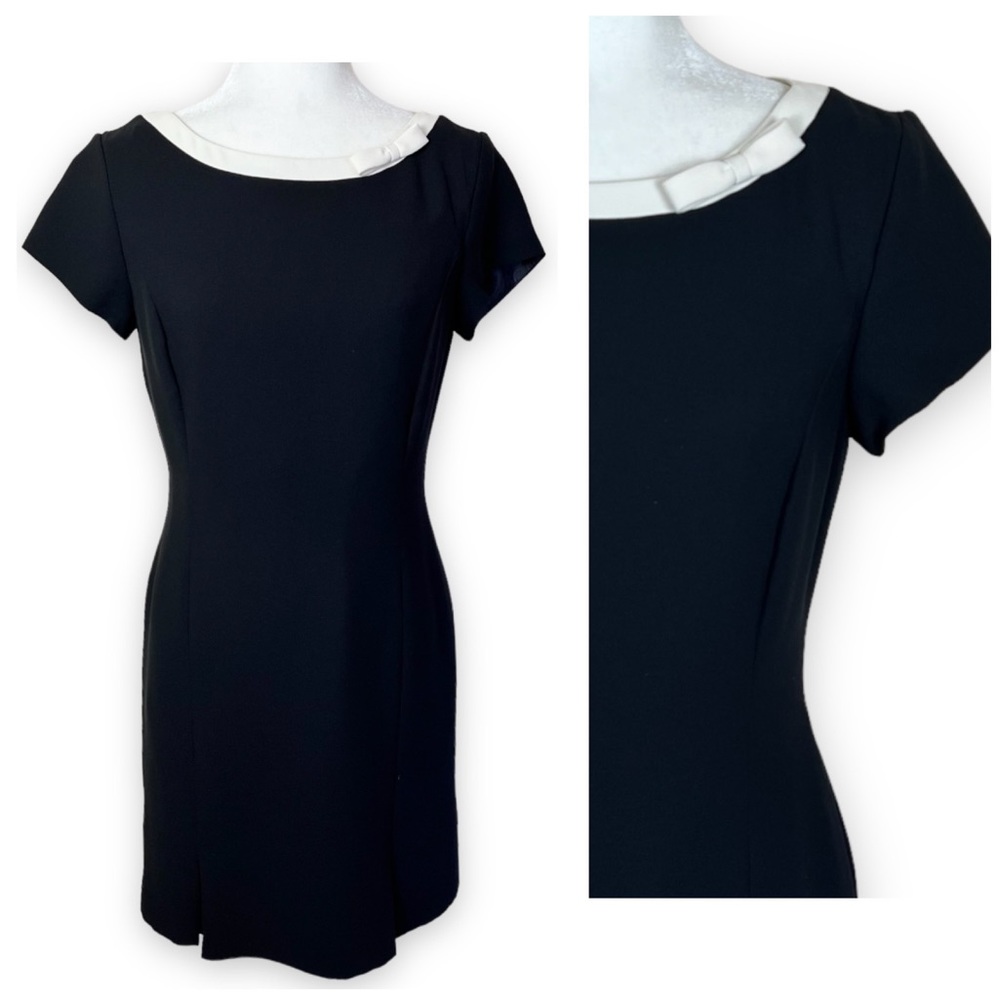 VINTAGE AMANDA SMITH BLACK WITH OFF-WHITE TRIM AND BOW DRESS SHORT SLEEVE SIZE 6